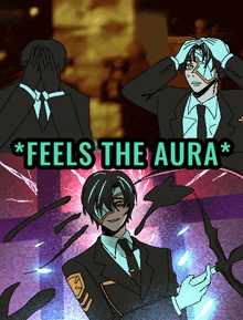 a cartoon of a man in a suit and tie with the words feels the aura written on the bottom
