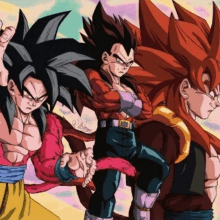 a drawing of a group of cartoon characters including vegeta and gogeta