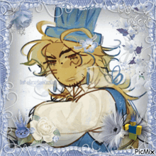 a drawing of a man in a blue hat is surrounded by blue flowers