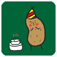 a potato wearing a party hat stands next to a cake