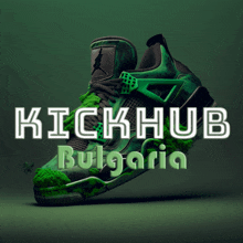 a green and black shoe with the words kickhub bulgaria below it