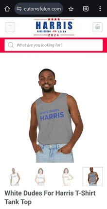 a man wearing a tank top that says white dudes for harris on it