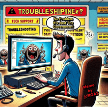 a cartoon of a man sitting in front of a computer with a sign that says " troubleshipine "