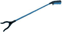 a long blue and black reacher with a black handle on a white background .