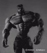 a black and white photo of a very muscular man standing on a white background .