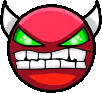 a red devil smiley face with green eyes and sharp teeth