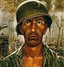 a man in a helmet is standing in front of a tank in a painting .