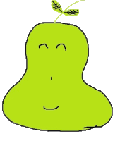 a cartoon drawing of a green pear with a leaf on its head