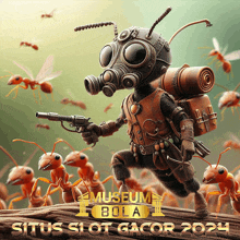 an advertisement for situs slot gacor shows an ant wearing a gas mask