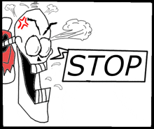 a cartoon drawing of a skull with steam coming out of his mouth and a stop sign