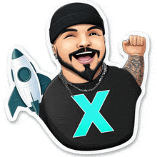 a sticker of a man with a rocket and the letter x