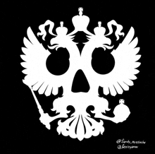 a white silhouette of a skull with a crown and a flag on a black background .