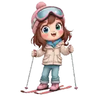 a little girl wearing a pink hat and goggles skiing