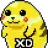 a pixel art drawing of a yellow dog with a xd sticker on it .