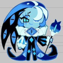 a cartoon character with a blue and black outfit and a wand