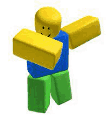 a roblox character with a yellow head , blue shirt , and green pants .