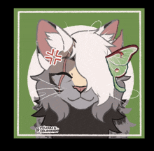 a drawing of a cat with a green moth behind it