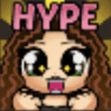 a cartoon of a girl with curly hair and the word hype written on it .