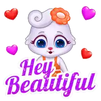 a cartoon bunny with a flower in her hair is surrounded by hearts and says hey beautiful