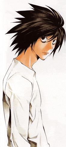 a drawing of a boy with black hair and white shirt