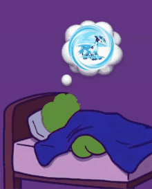 a cartoon of a person sleeping with a thought bubble that says ' ice dragon ' on it