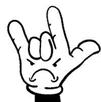 a black and white drawing of a cartoon hand making a rock and roll sign