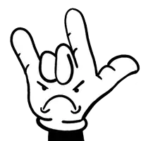 a black and white drawing of a cartoon hand making a rock and roll sign