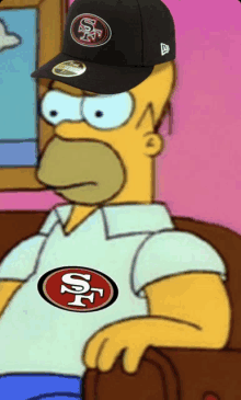 homer simpson is wearing a 49ers hat