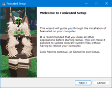 a welcome to foxicated setup window with a fox wearing sunglasses