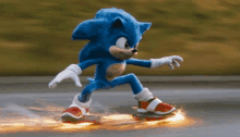 sonic the hedgehog is riding a skateboard down a street .