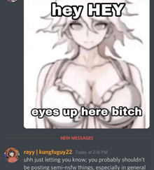 a screenshot of a discord chat with a picture of a girl with huge breasts saying hey hey eyes up here bitch