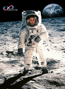 a man in a space suit is walking on the moon in front of a spectrar logo