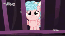 a cartoon of a pink pony behind bars with the words my little pony all new