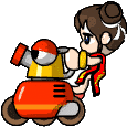 a cartoon of a girl riding a red and yellow robot .