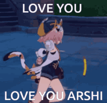 a girl with a cat tail is holding a sword and says love you love you ashi .