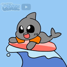 a cartoon of a shark on a surfboard with the words christopher 's genie in the corner