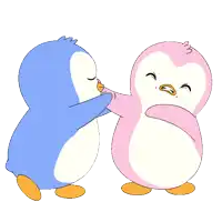 a blue and a pink penguin are hugging each other on a white background