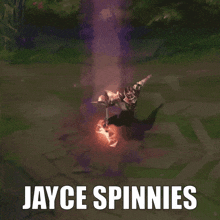 a video game character is flying through the air with the words jayce spinnies below him