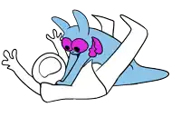a cartoon drawing of a blue monster with pink eyes holding a white object