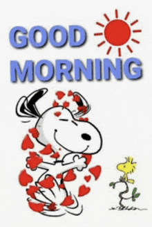 a cartoon of snoopy hugging woodstock with the words " good morning " above them