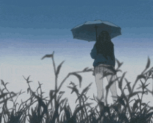 a girl is holding an umbrella while standing in a field of tall grass .