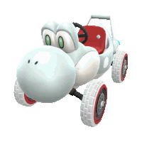 a white yoshi toy car with red wheels and a red seat