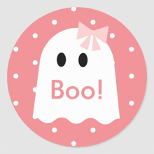 a white ghost with a pink bow and the words boo on it