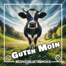 a cow standing in a field with the words guten moin written below it