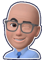 a bald man wearing glasses and a blue shirt winks at the camera