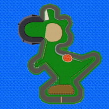 a cartoon drawing of a race track in the shape of a green dinosaur