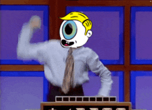 a cartoon character with a big eye stands at a podium with his fist in the air