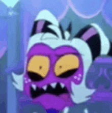 a close up of a cartoon character 's face with a purple and white head .