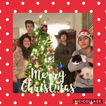 a family posing in front of a christmas tree with the words merry christmas on the bottom