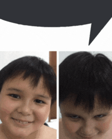 two pictures of a young boy with a speech bubble behind them